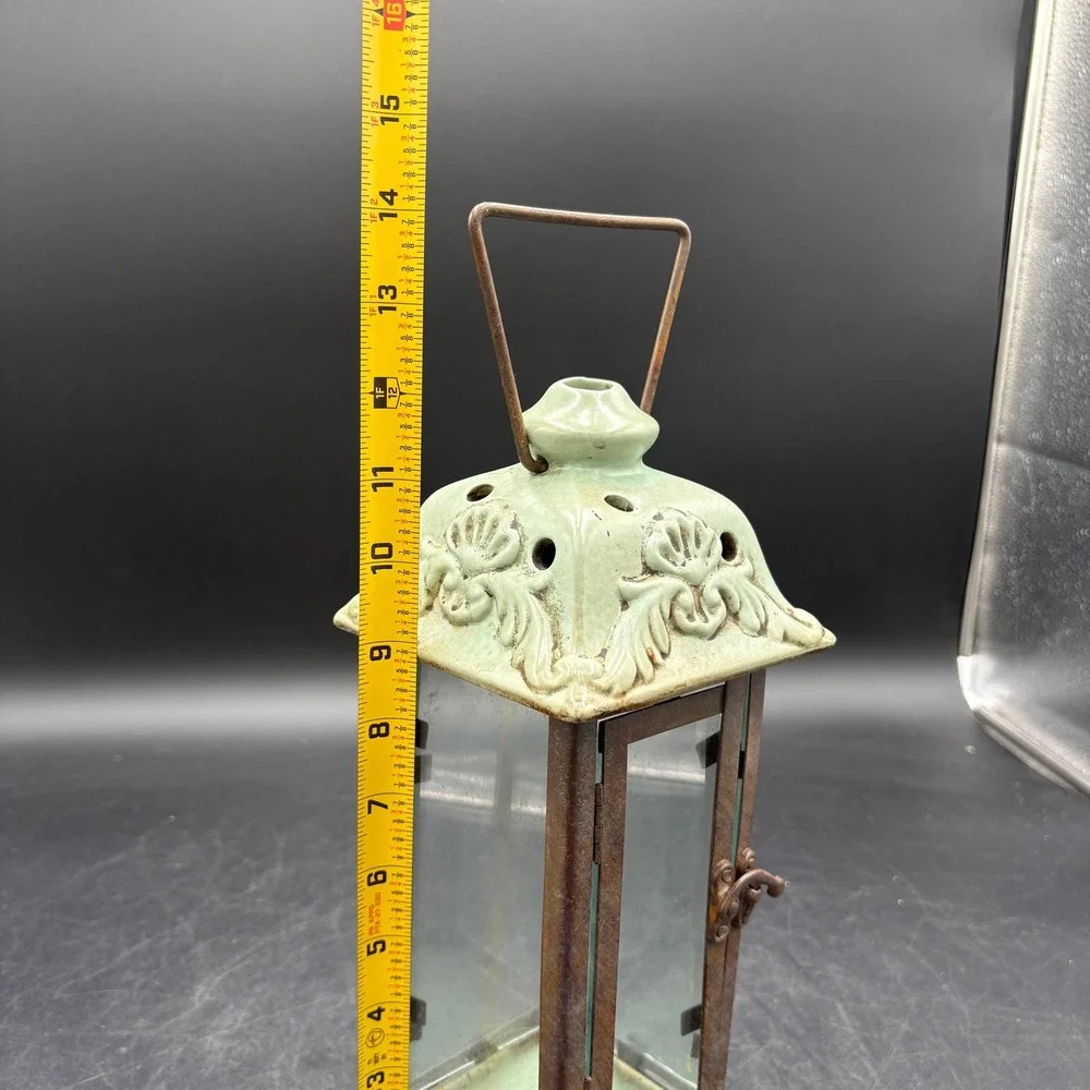 Vtg Heavy Sage Green Ceramic and Metal Glass Candle Lantern Rustic Decor Patina